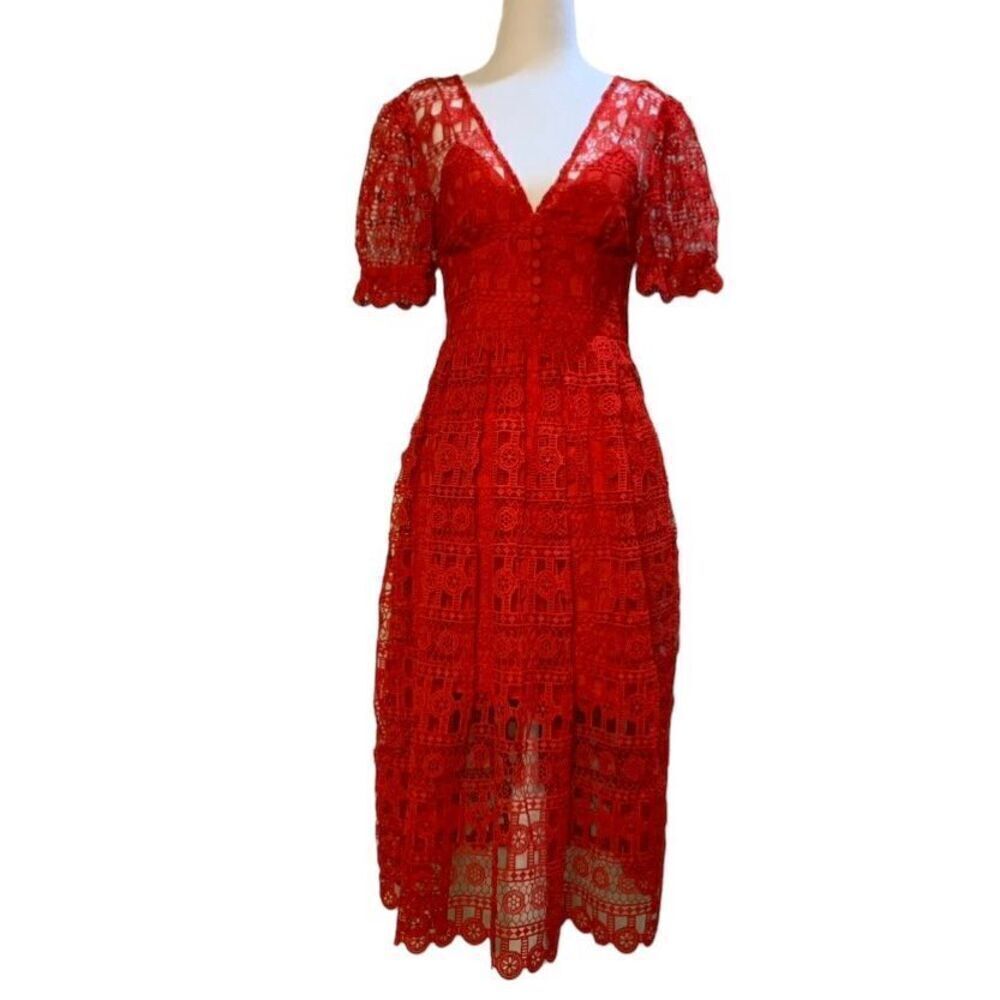Self-Portrait Guipure V-Neck Puff Sleeve Red Midi Dress US 2 UK 4 Extra Small
